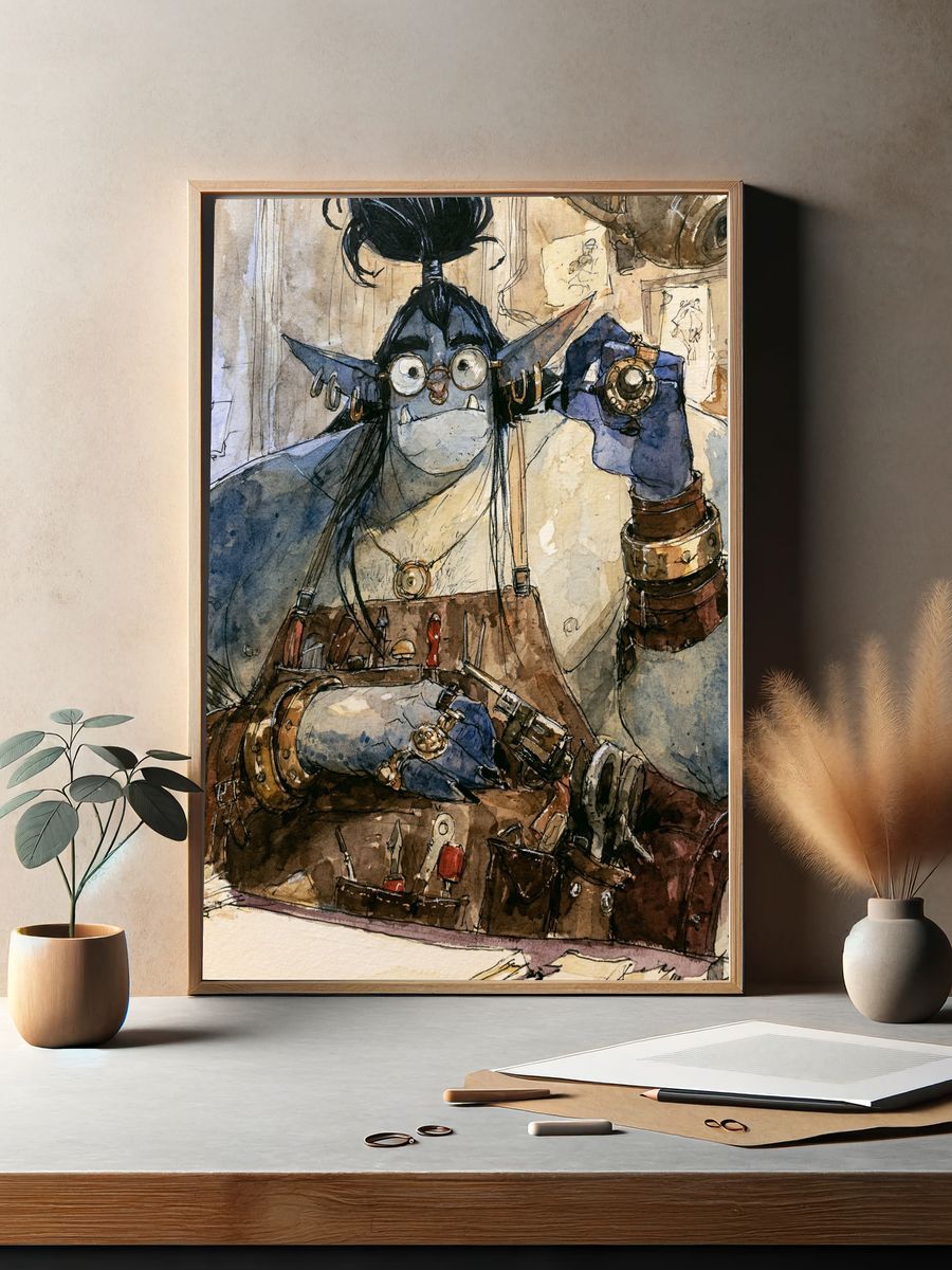 Goblin Artificer Watercolor Print. — room view 2