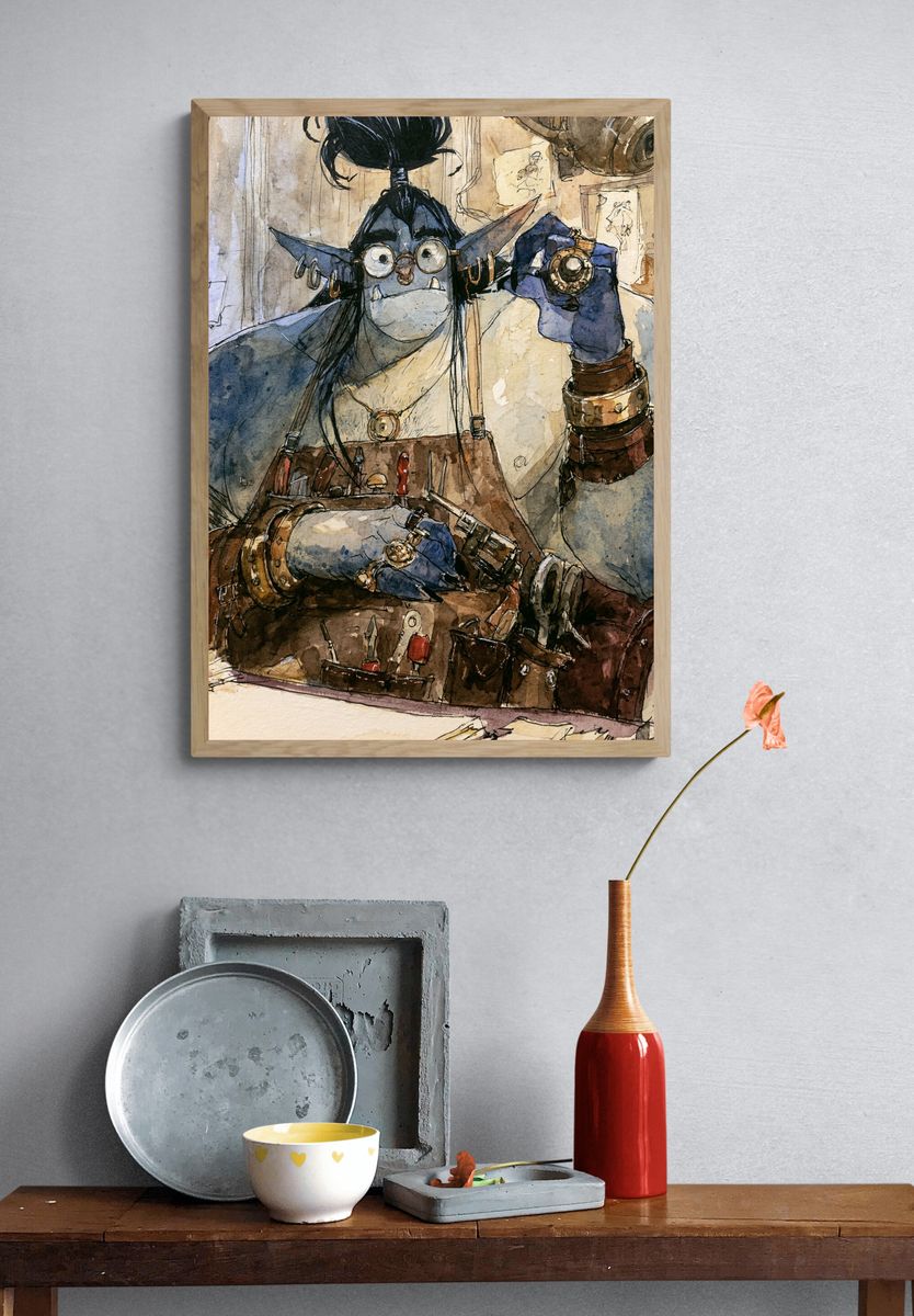 Goblin Artificer Watercolor Print. — room view 3