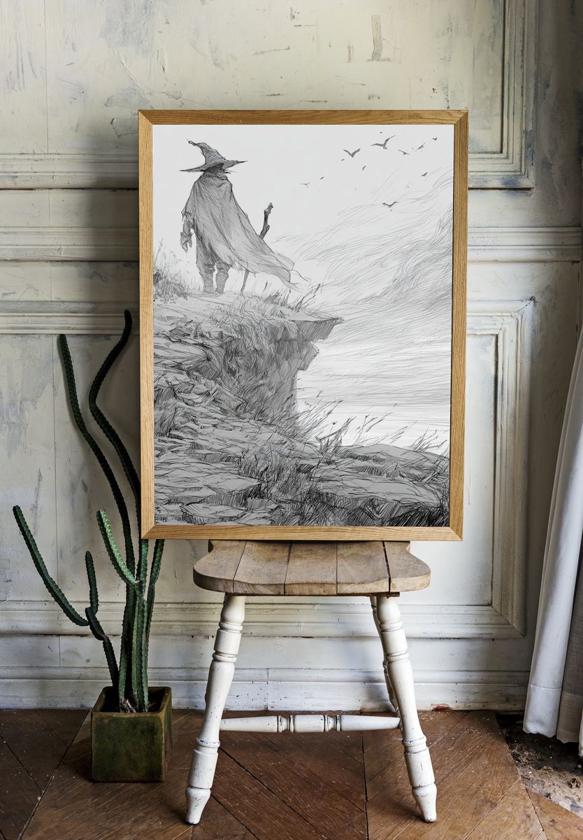 Wandering Cloak Cliffside Illustration Print. room preview