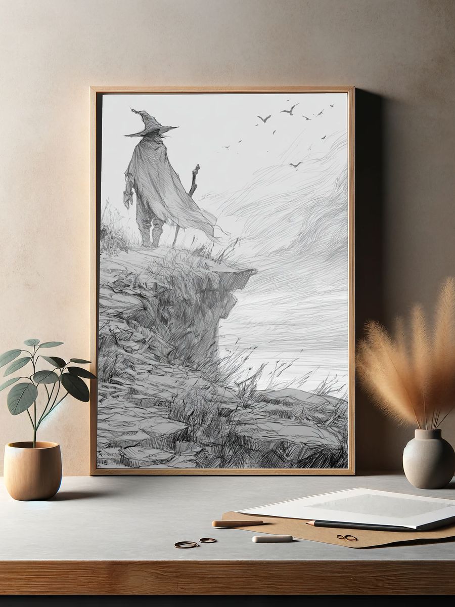 Wandering Cloak Cliffside Illustration Print. — room view 2