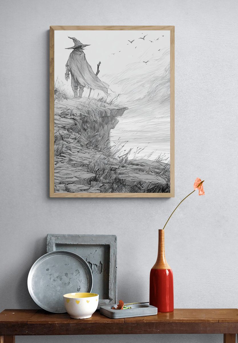 Wandering Cloak Cliffside Illustration Print. — room view 3