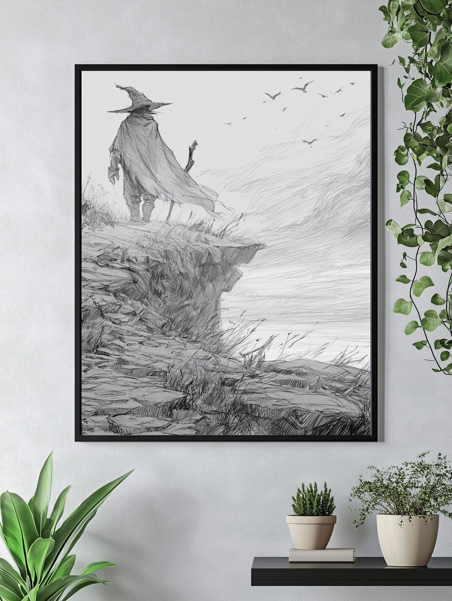 Wandering Cloak Cliffside Illustration Print. — room view 4