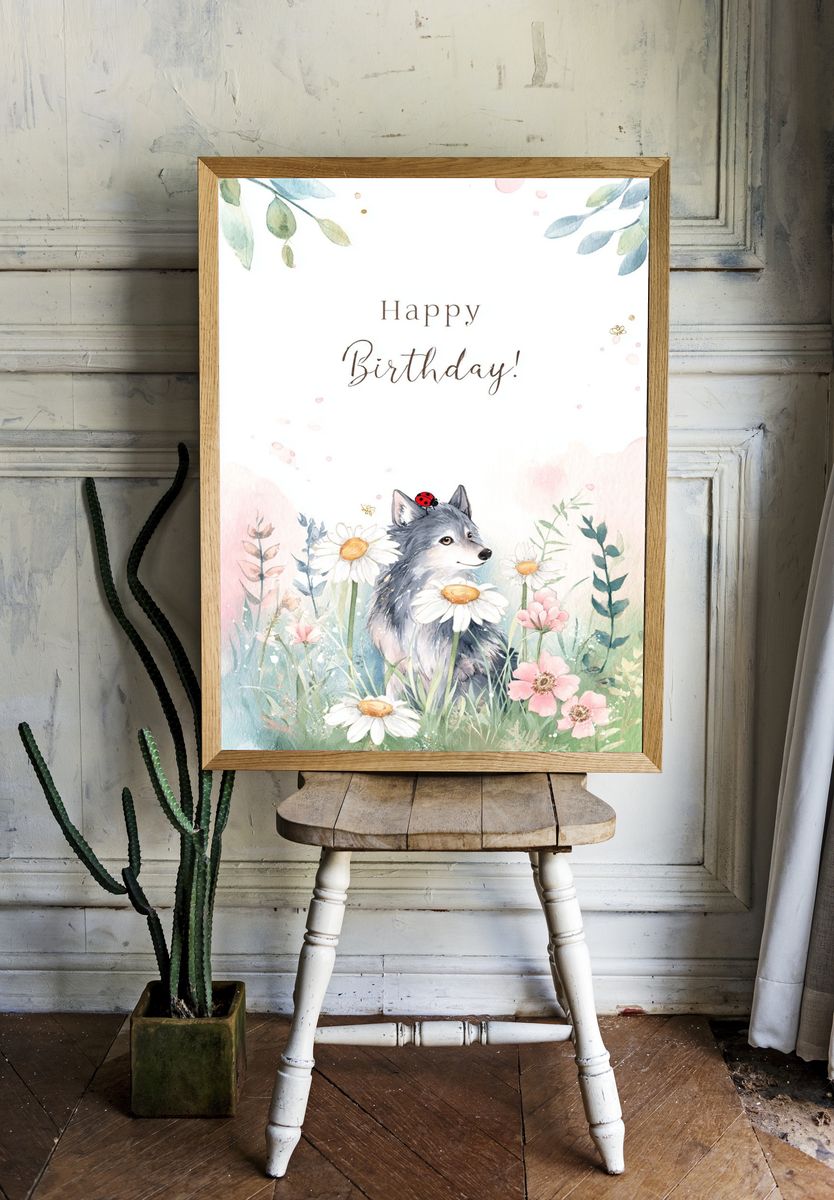 Happy Birthday Wolf Watercolor Print. — room view 1