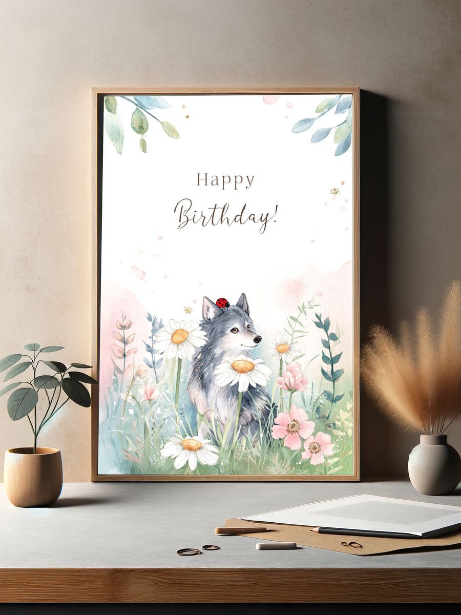 Happy Birthday Wolf Watercolor Print. — room view 2