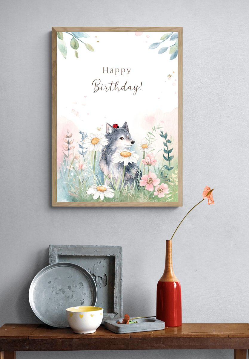 Happy Birthday Wolf Watercolor Print. — room view 3