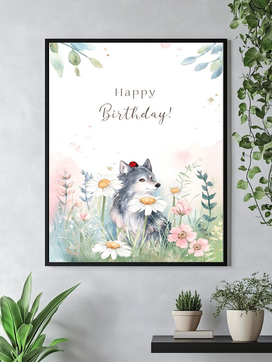 Happy Birthday Wolf Watercolor Print. — room view 4