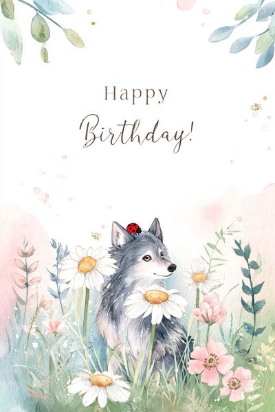 Happy Birthday Wolf Watercolor Print. poster print