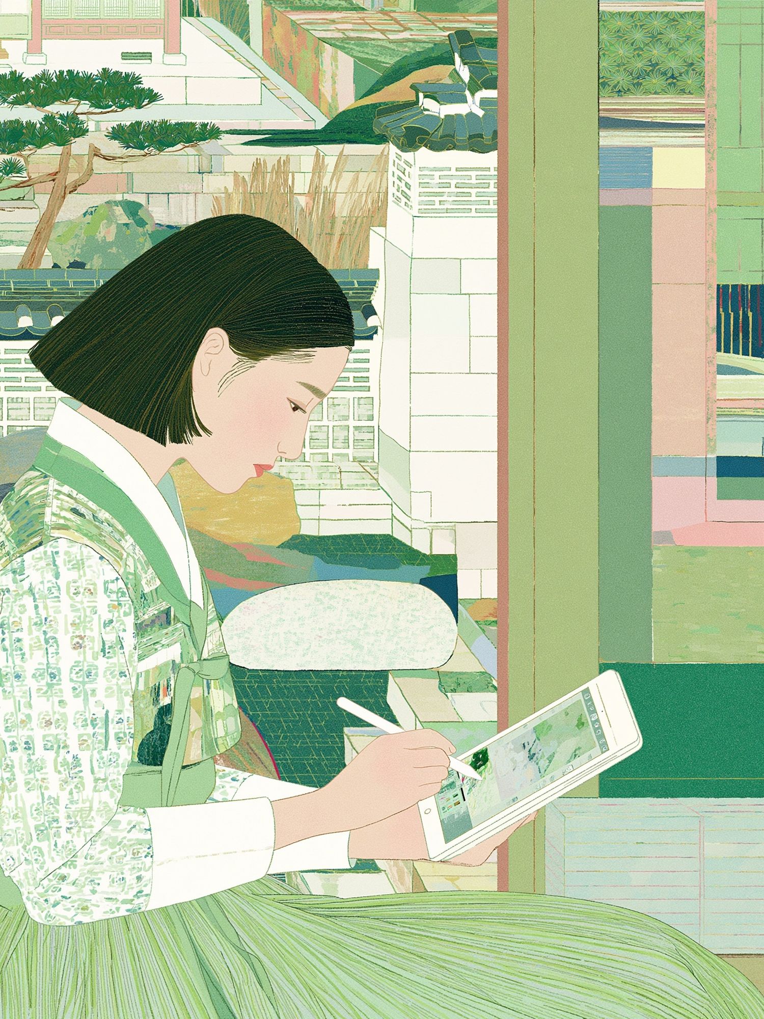 Seated Woman with Tablet Illustration Poster. poster detail