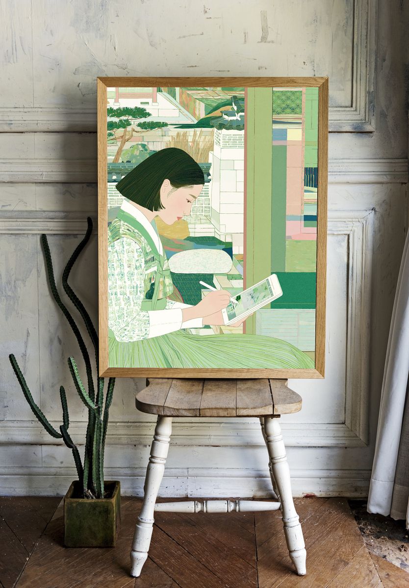 Seated Woman with Tablet Illustration Poster. — room view 1