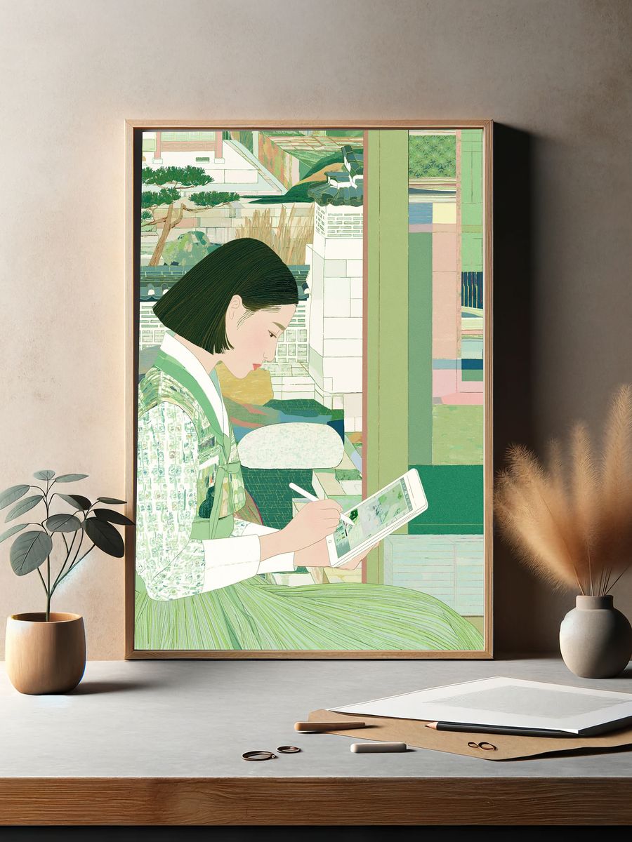 Seated Woman with Tablet Illustration Poster. — room view 2