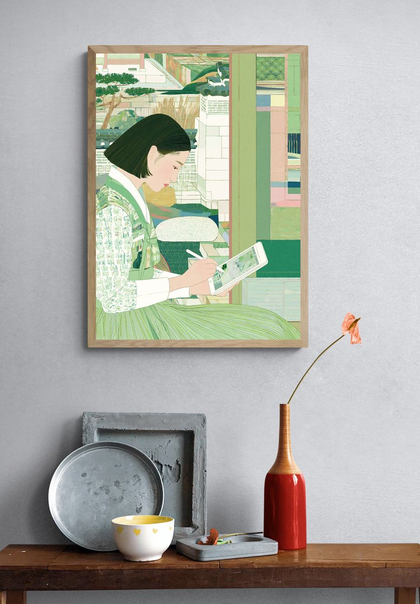 Seated Woman with Tablet Illustration Poster. — room view 3