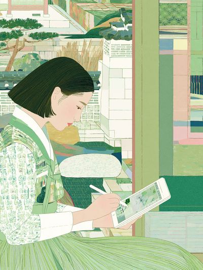 Seated Woman with Tablet Illustration Poster. poster