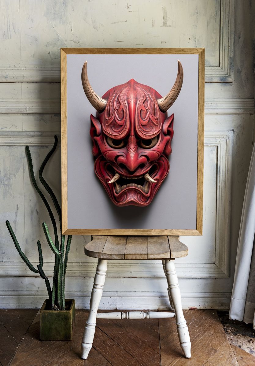 Red Oni Mask Illustration Poster. — room view 1