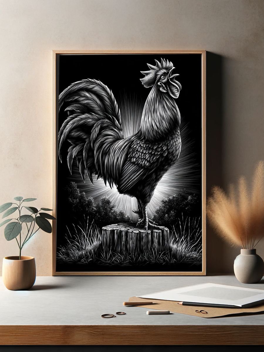 Rooster Woodcut Illustration Poster. — room view 2