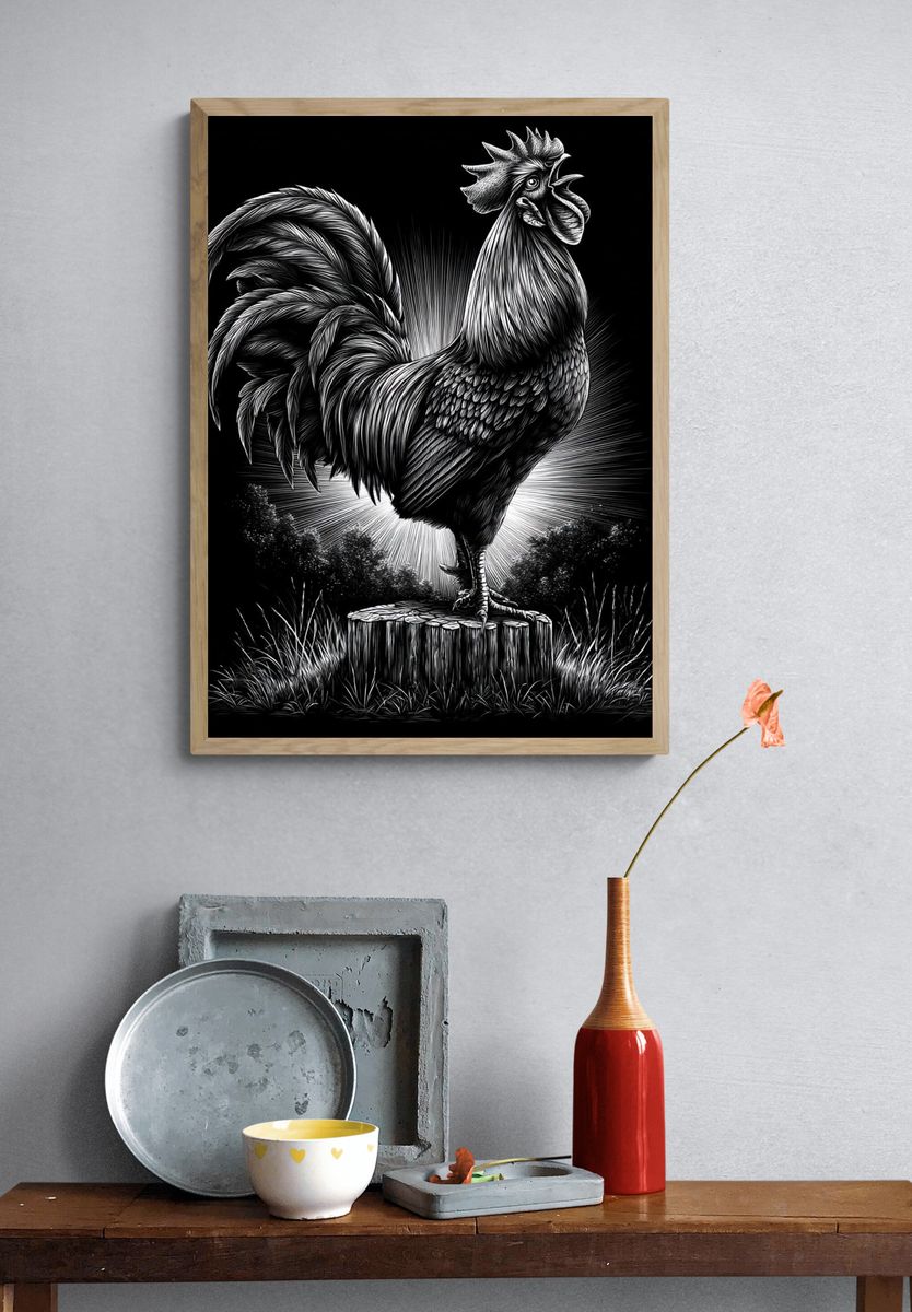 Rooster Woodcut Illustration Poster. — room view 3