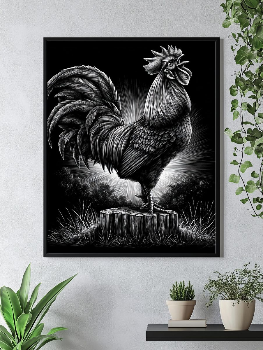 Rooster Woodcut Illustration Poster. — room view 4
