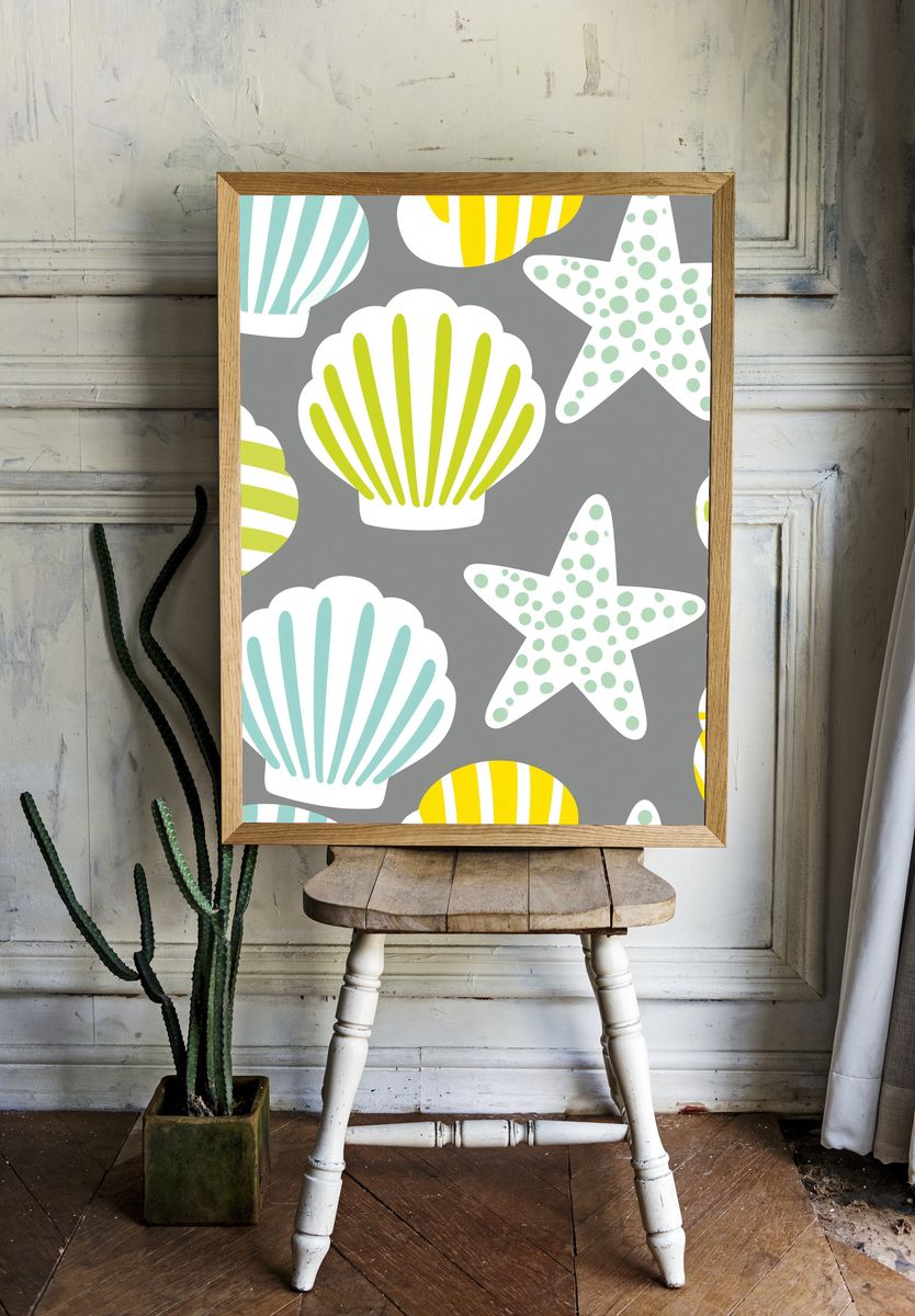 Seashells and Starfish Pattern Print. — room view 1