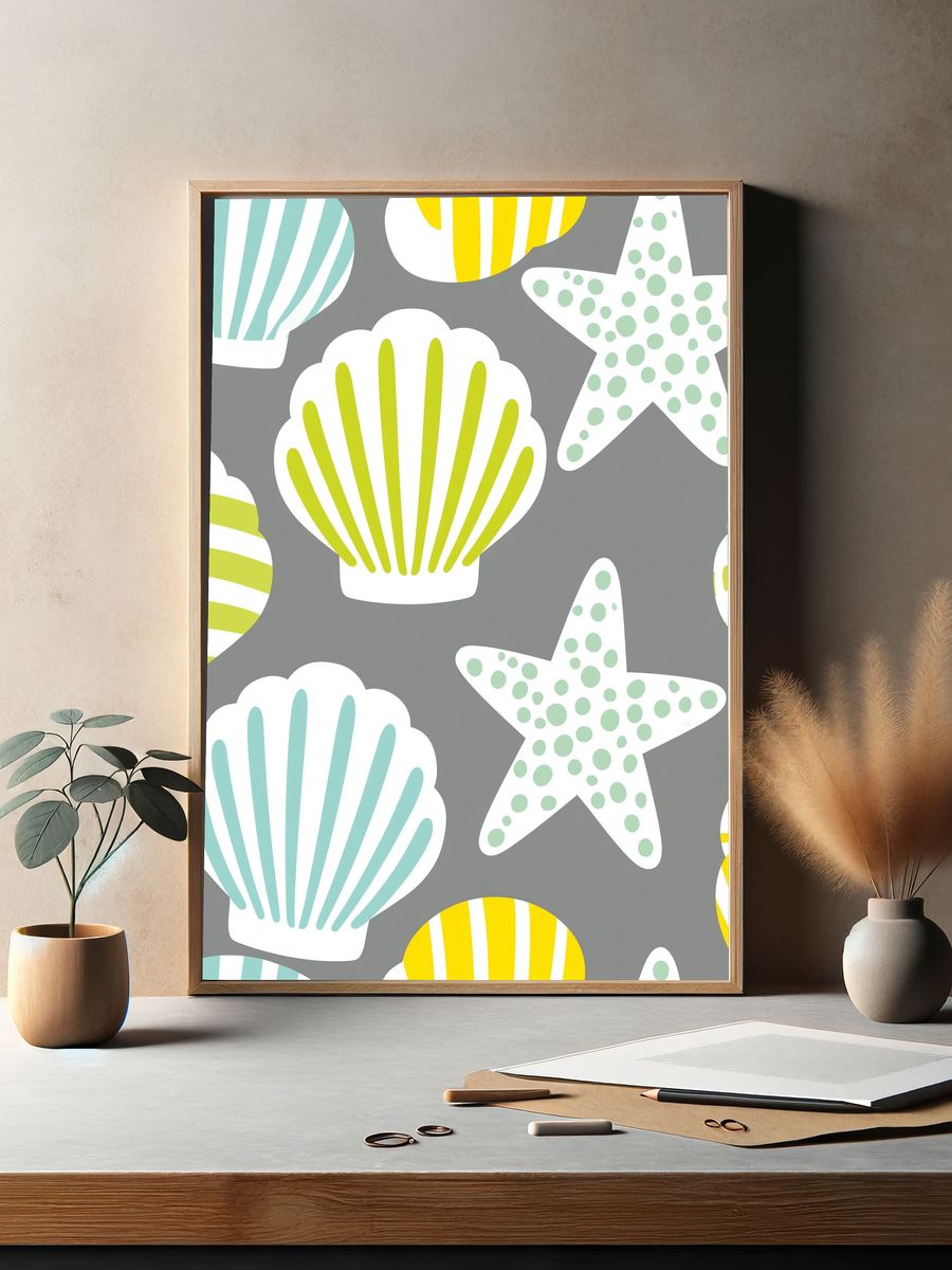 Seashells and Starfish Pattern Print. — room view 2
