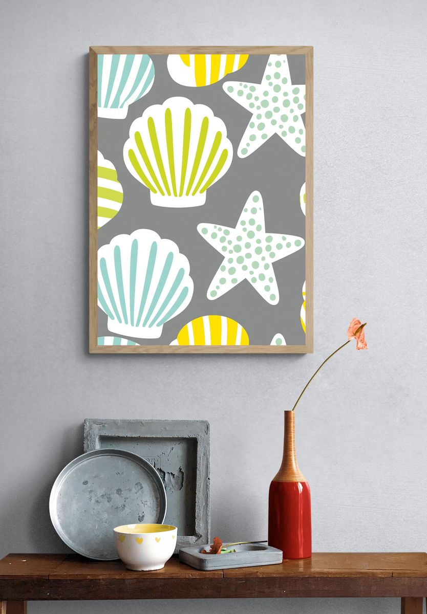 Seashells and Starfish Pattern Print. — room view 3