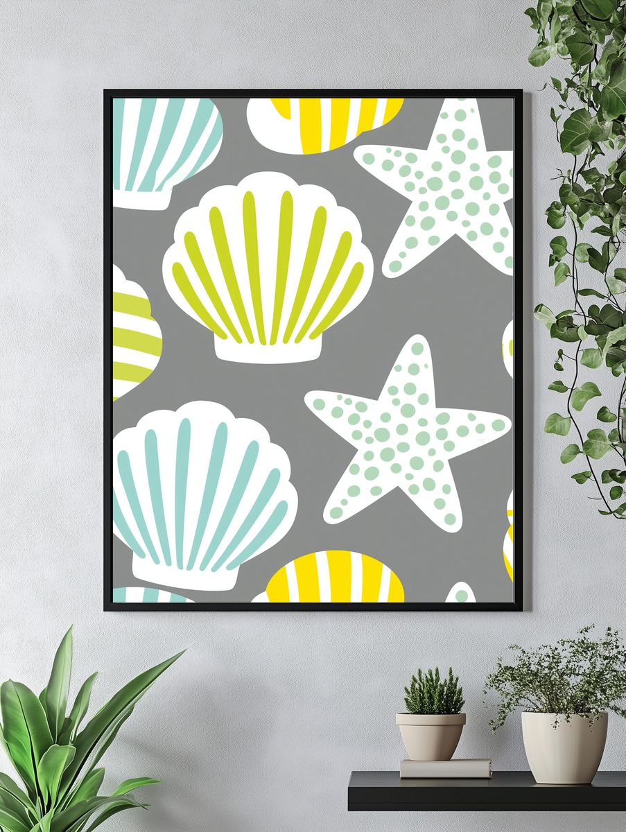 Seashells and Starfish Pattern Print. — room view 4