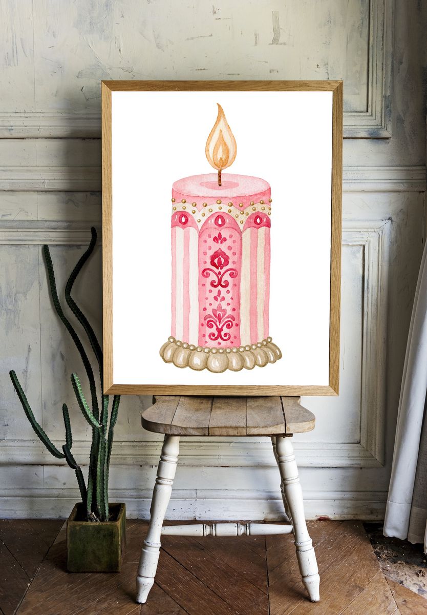 Decorative Pink Candle Illustration Print. — room view 1