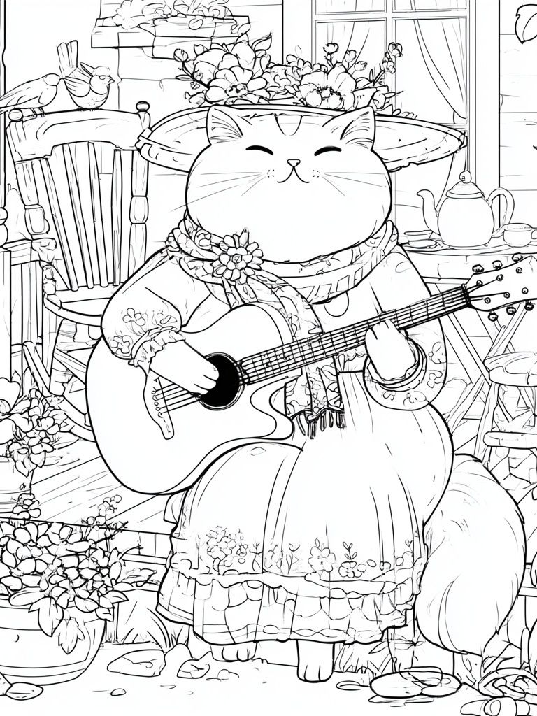 Guitar Cat Garden Illustration Poster. poster — illustration art