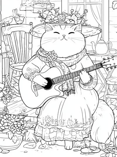Guitar Cat Garden Illustration Poster.