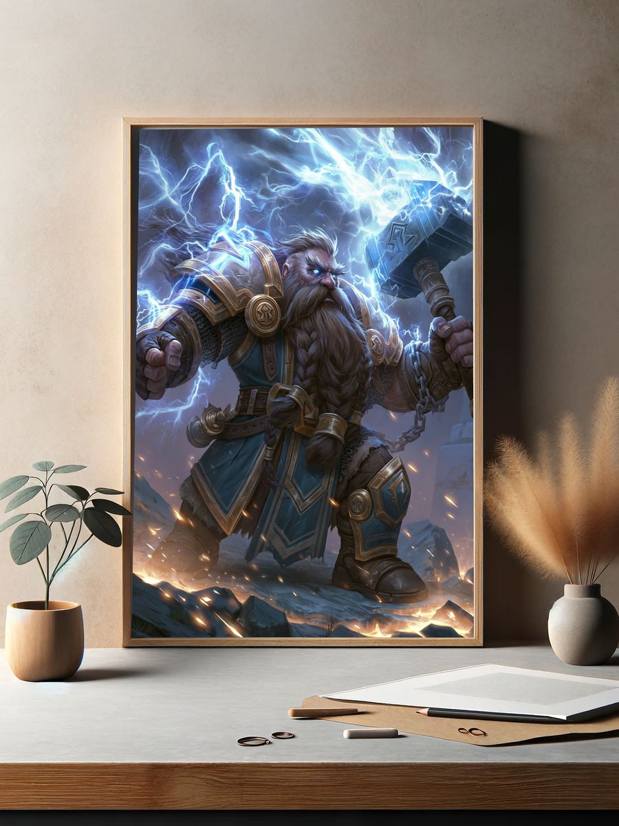 Thunderforge Dwarf Warrior Illustration Poster. — room view 2