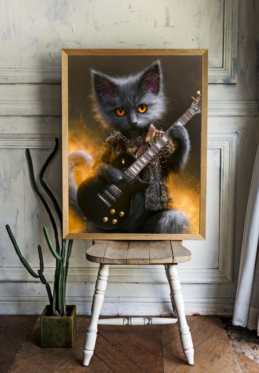 Rockstar Cat Illustration Poster. — room view 1