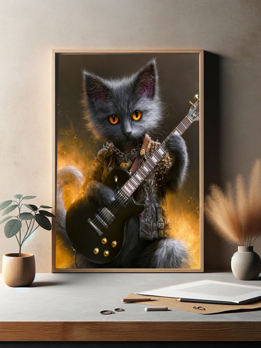 Rockstar Cat Illustration Poster. — room view 2