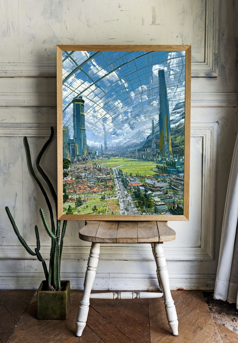 Futuristic Sky City Illustration Poster. room preview