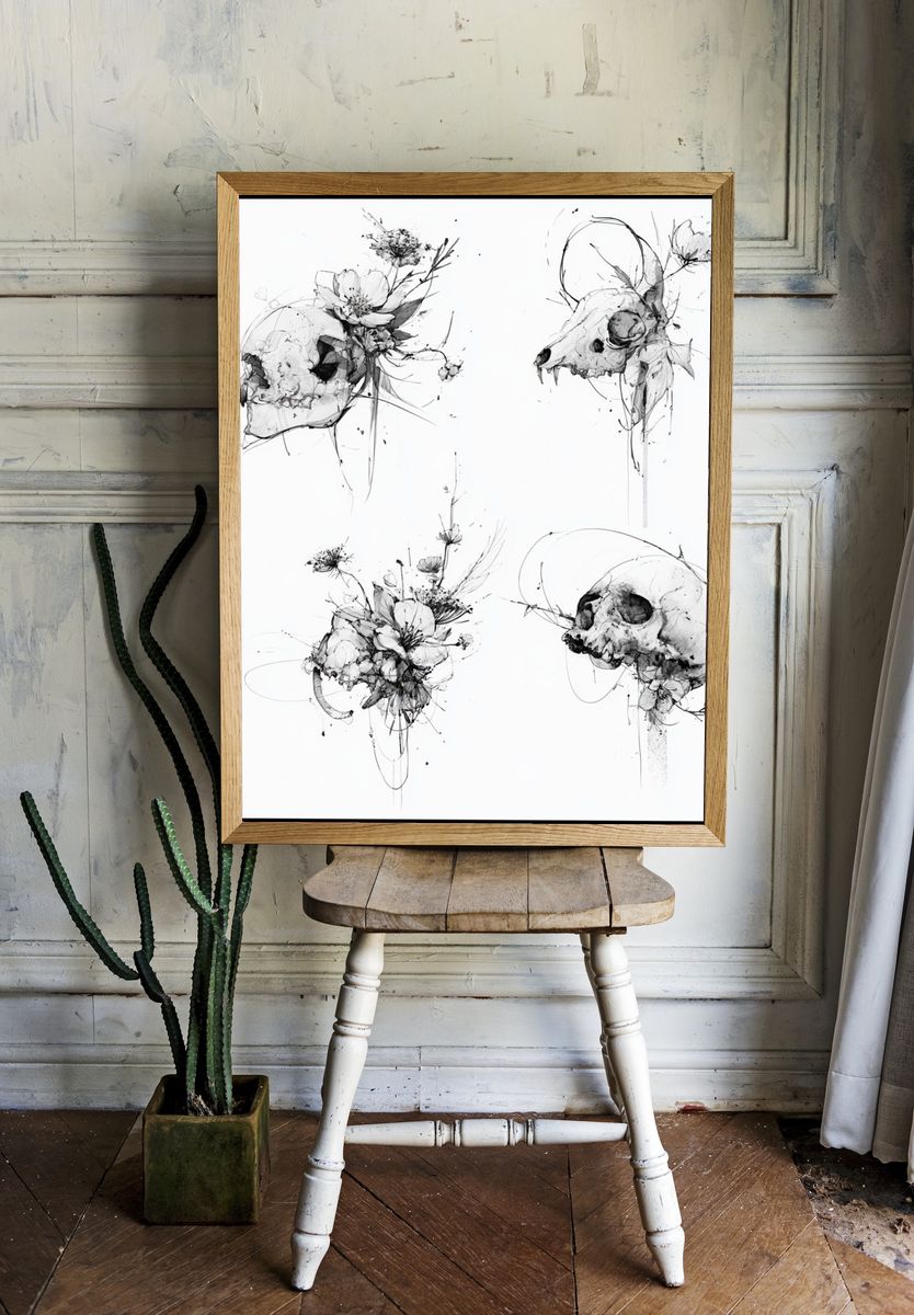 Botanical Skull Ink Poster. room preview
