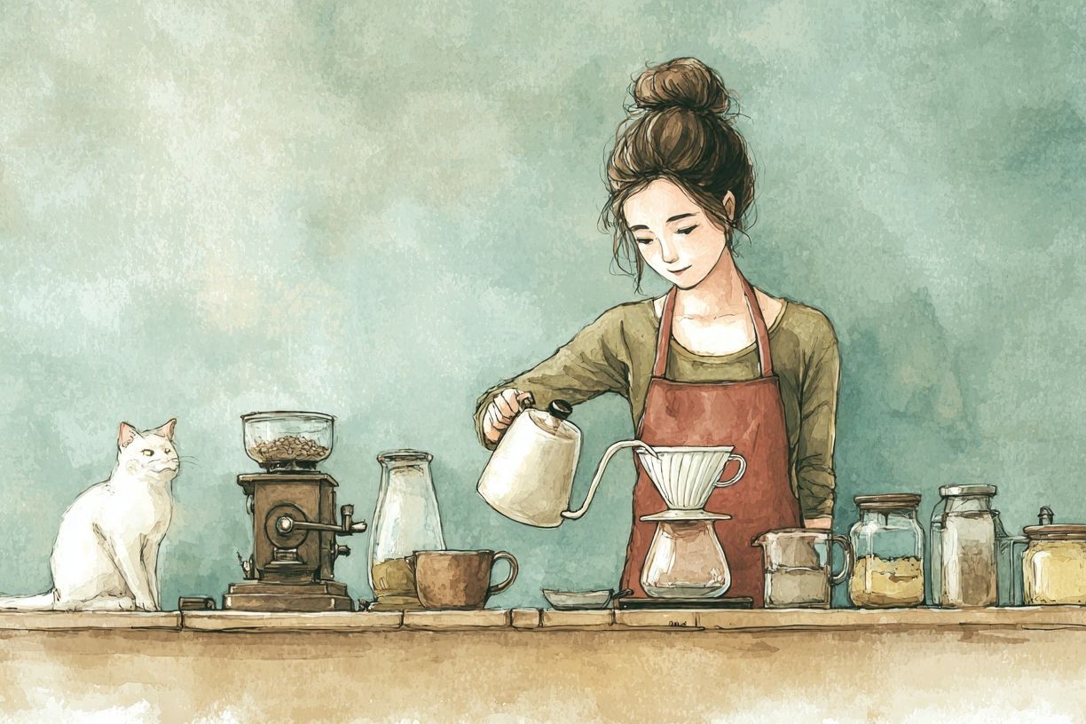 Coffee Ritual with Cat Illustration Poster. poster detail