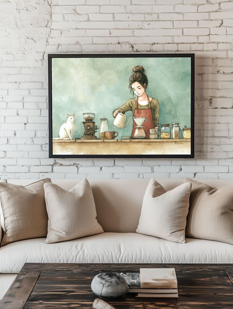 Coffee Ritual with Cat Illustration Poster. — room view 1