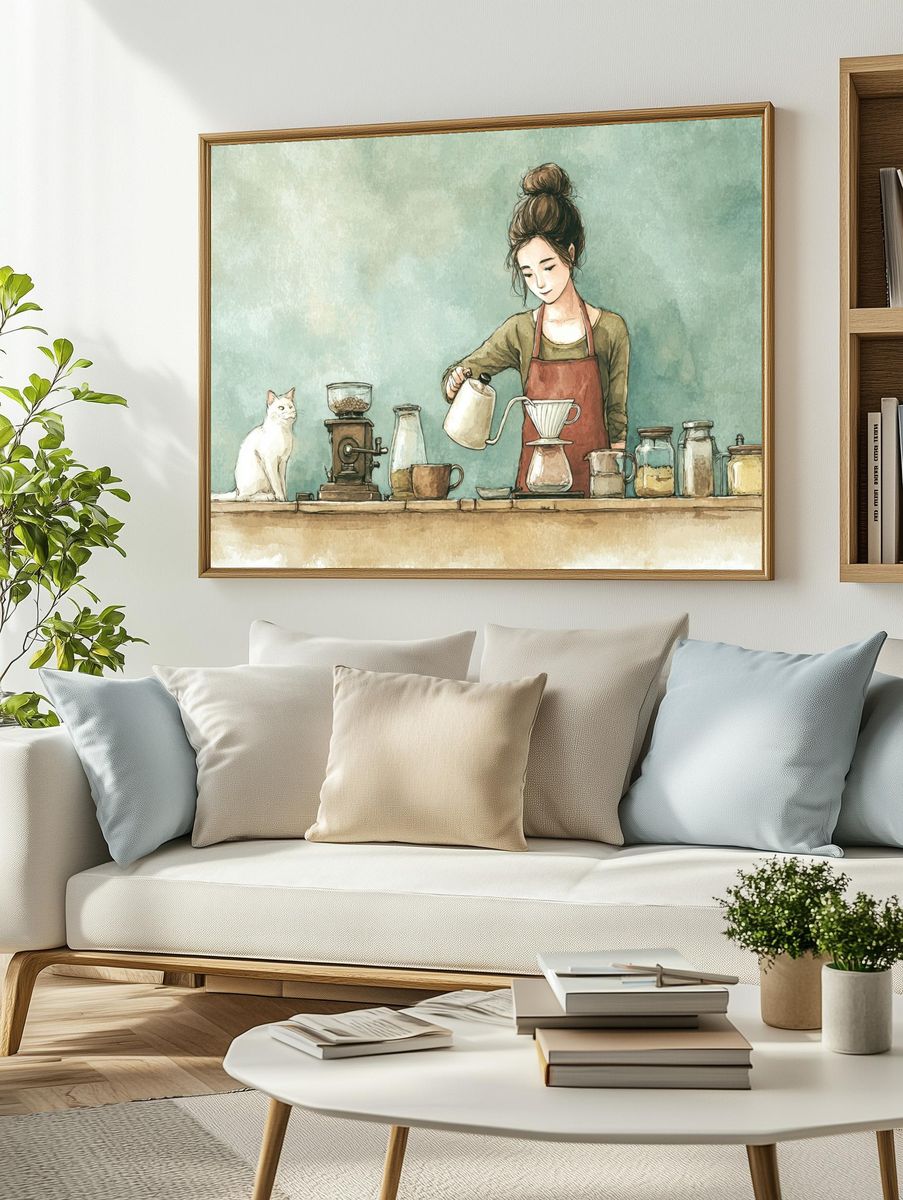 Coffee Ritual with Cat Illustration Poster. — room view 2