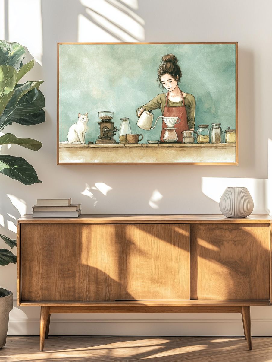 Coffee Ritual with Cat Illustration Poster. — room view 3