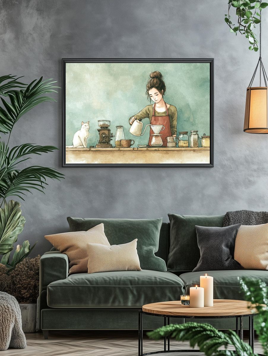 Coffee Ritual with Cat Illustration Poster. — room view 4