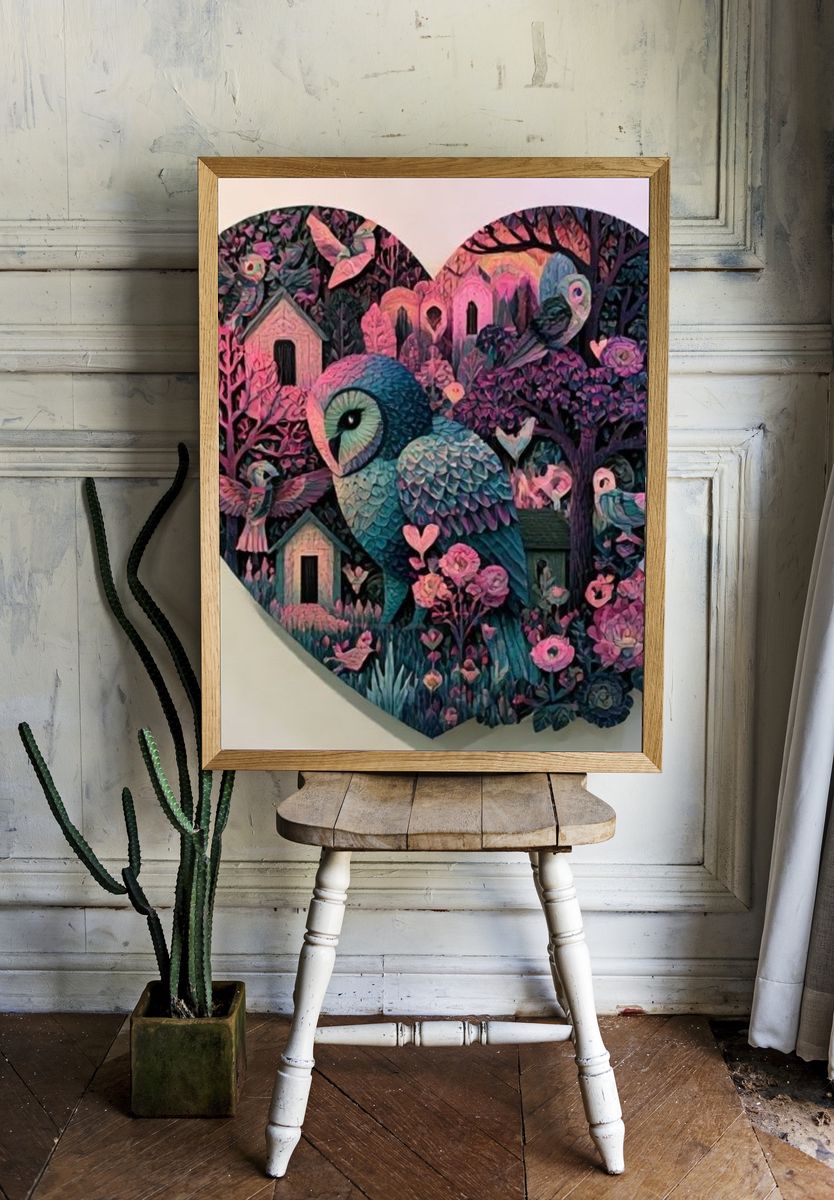 Owl Garden Heart Illustration Poster. room preview