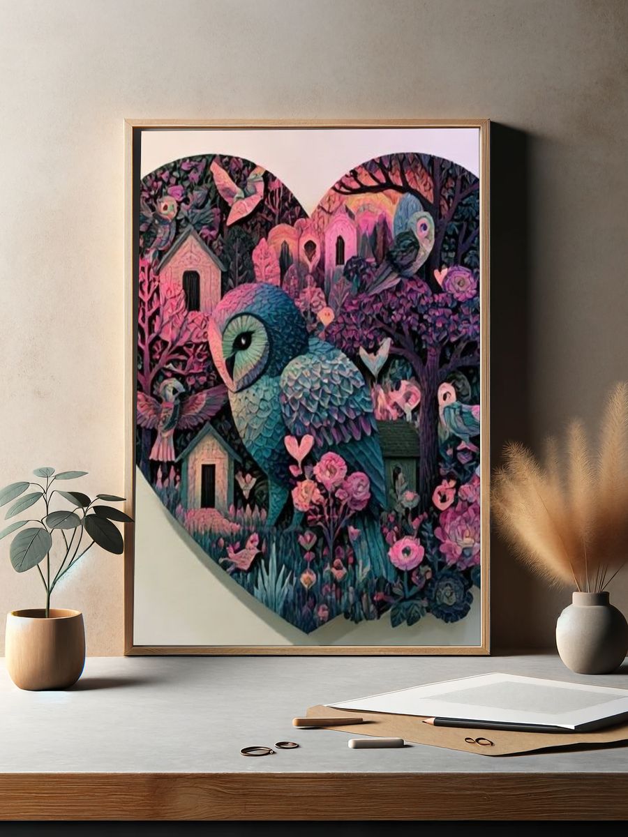 Owl Garden Heart Illustration Poster. — room view 2