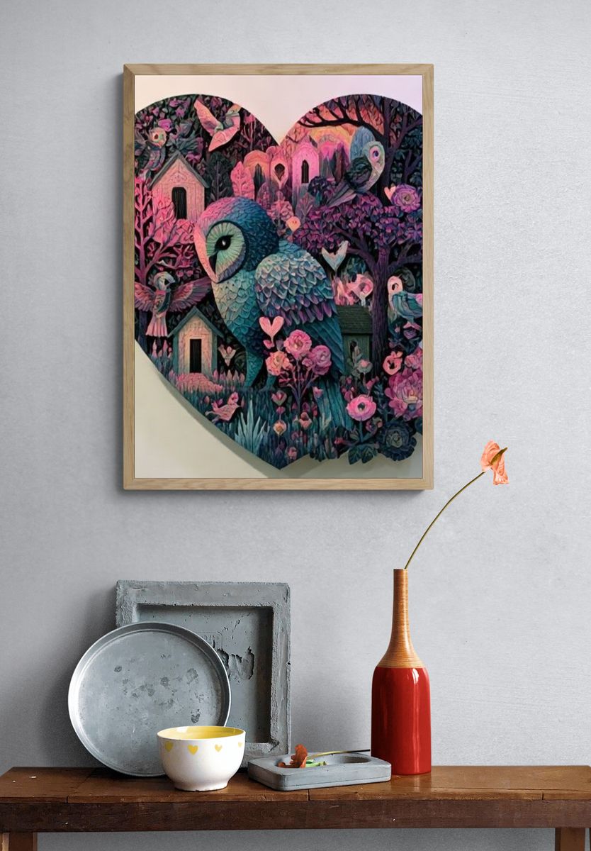 Owl Garden Heart Illustration Poster. — room view 3