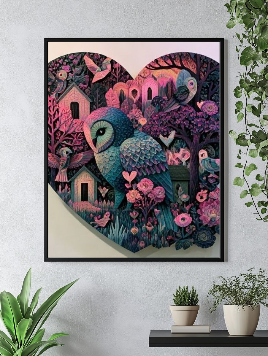 Owl Garden Heart Illustration Poster. — room view 4