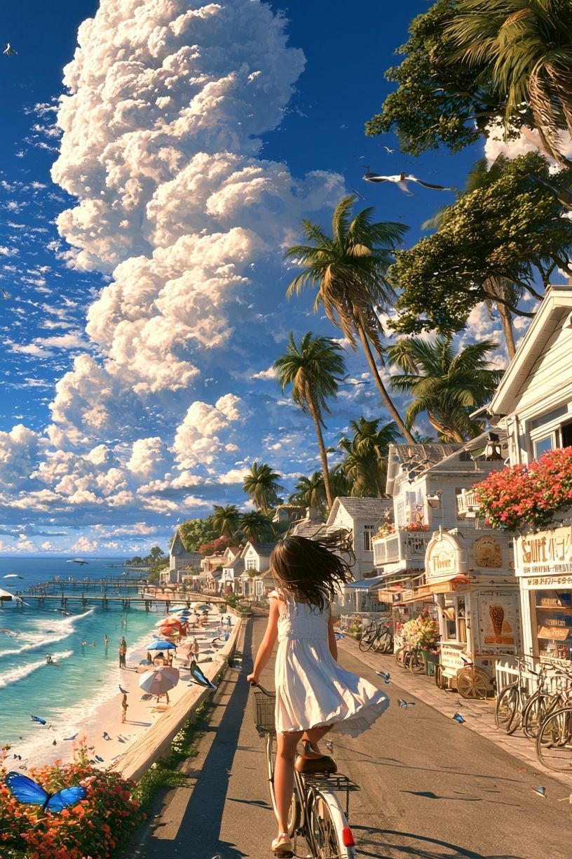 Tropical Seaside Bicycle Ride Print. poster detail
