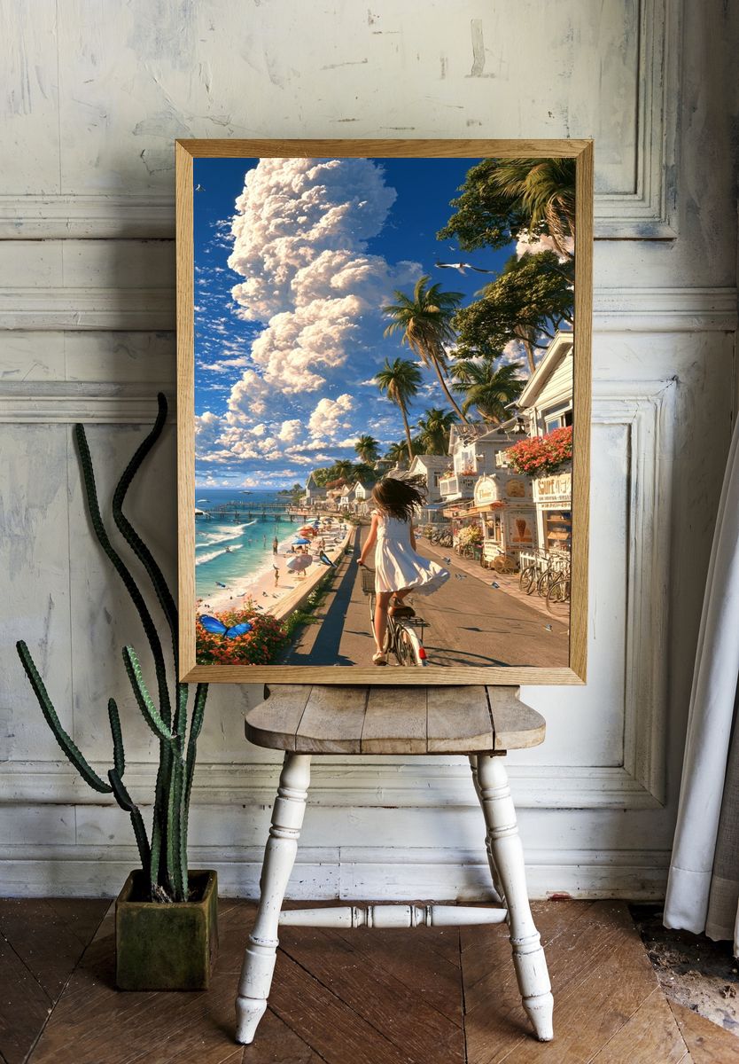 Tropical Seaside Bicycle Ride Print. room preview