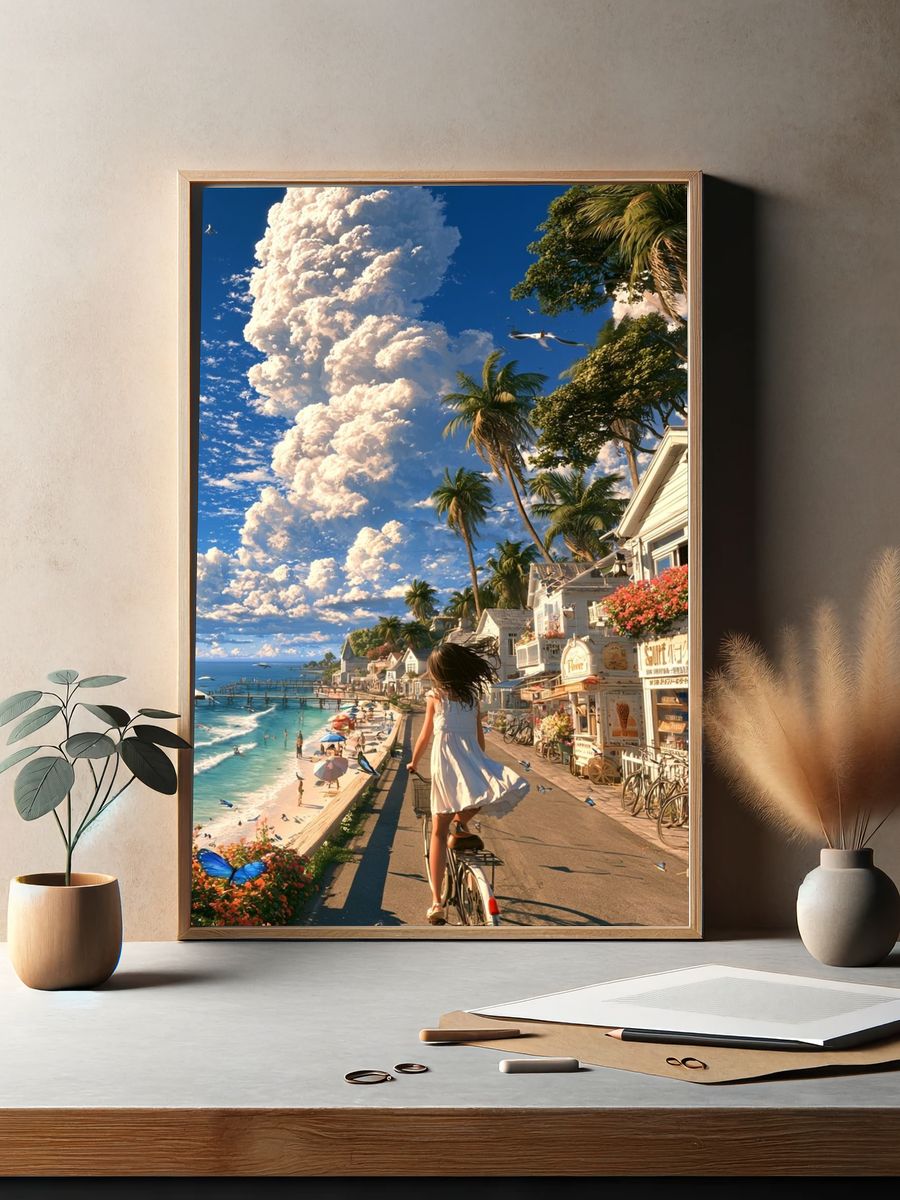 Tropical Seaside Bicycle Ride Print. — room view 2