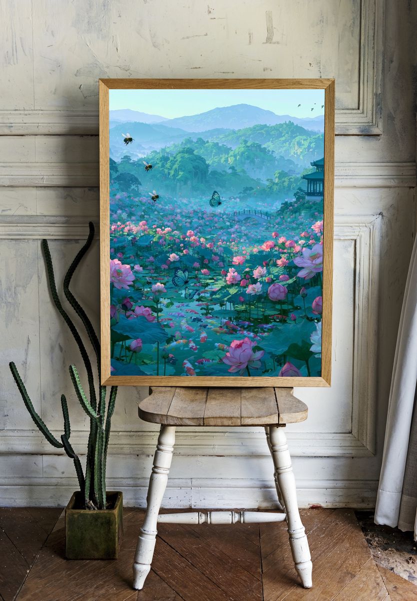 Lotus Garden Pagoda Illustration Poster. room preview