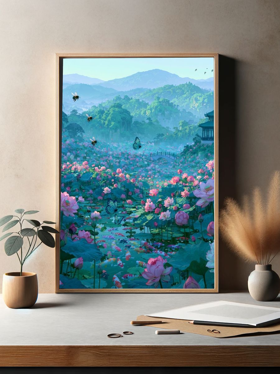 Lotus Garden Pagoda Illustration Poster. — room view 2
