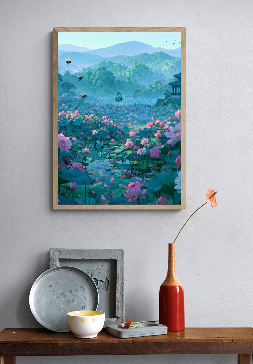 Lotus Garden Pagoda Illustration Poster. — room view 3