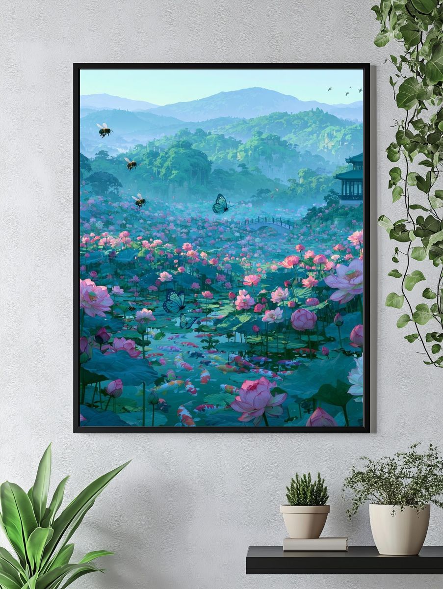 Lotus Garden Pagoda Illustration Poster. — room view 4