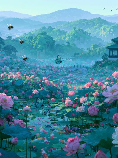 Lotus Garden Pagoda Illustration Poster. poster