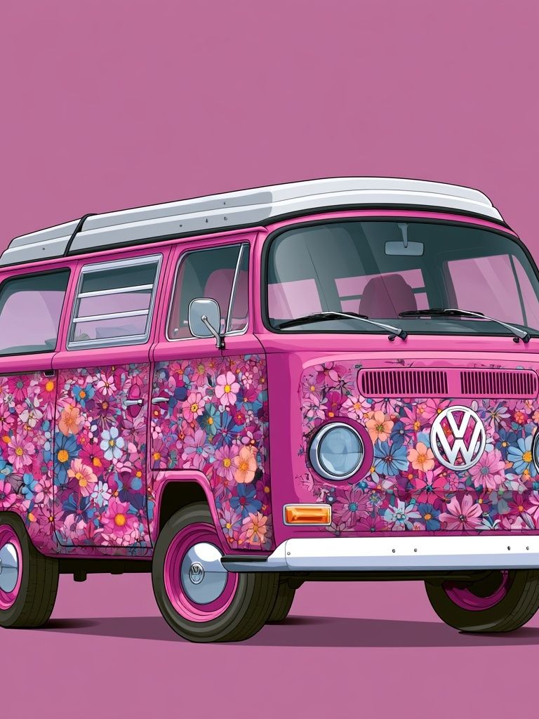 Pink Floral VW Bus Illustration Poster. poster detail